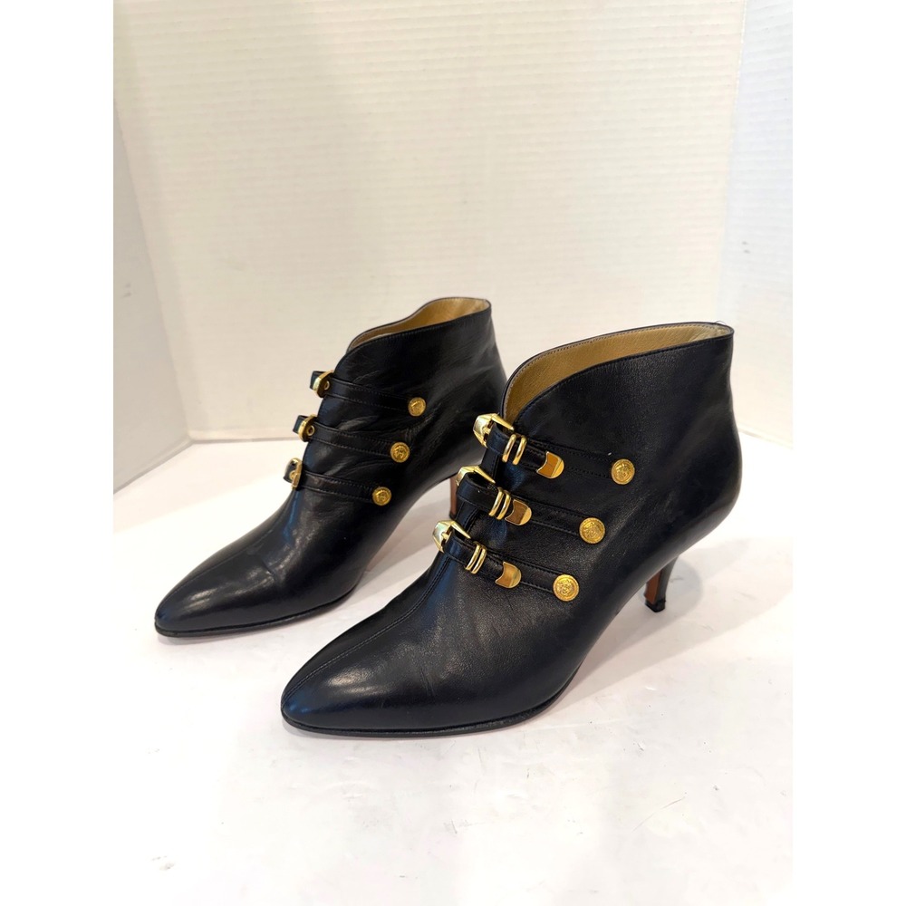 Gianni Versace Black Leather Triple Buckle Medusa Gold Ankle Boots 5.5